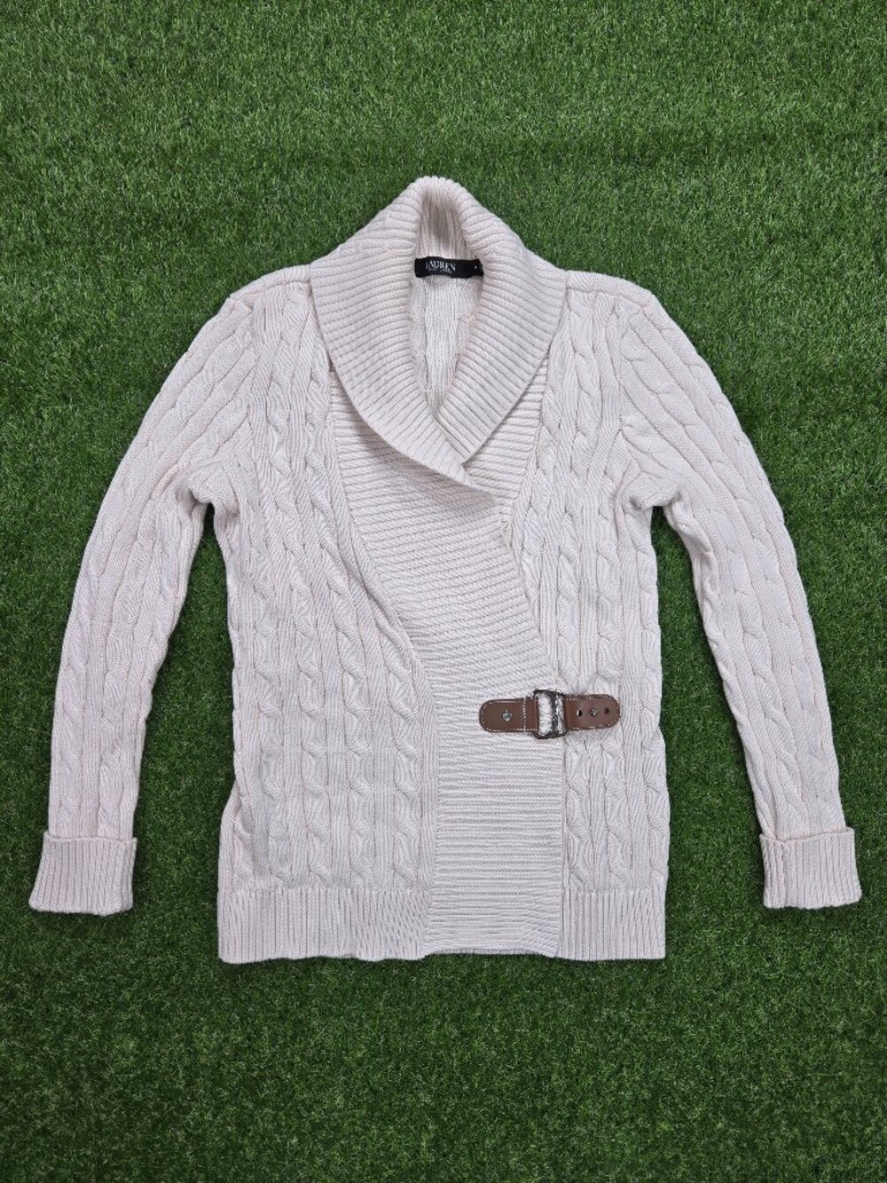 Black Label Lauren Ralph Lauren Cardigan Womens Medium Cream Cable Knit Buckle